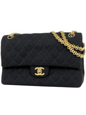 Chanel Quilted Double Flap Chain Shoulder Bag CC Logo Jersey Black